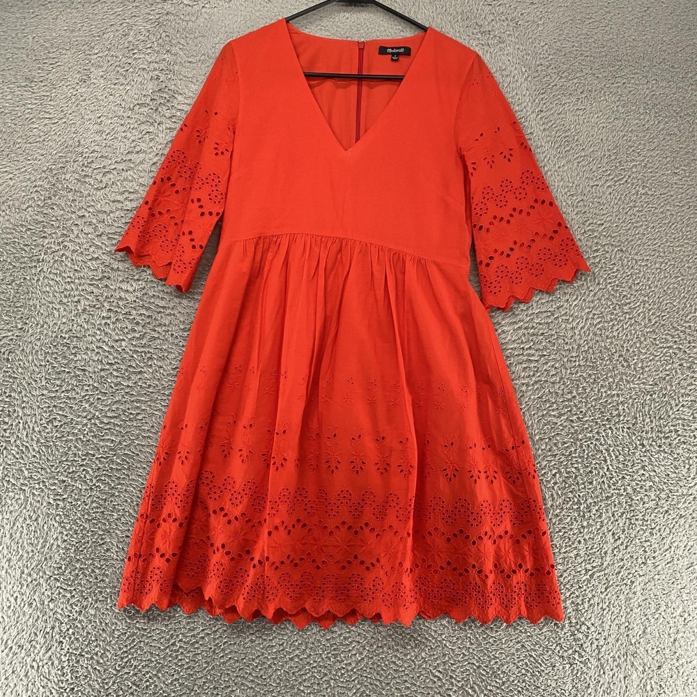 Madewell Dress Womens 0 Orange Eyelet Fit Flare Bell Sleeve Knee Length Boho